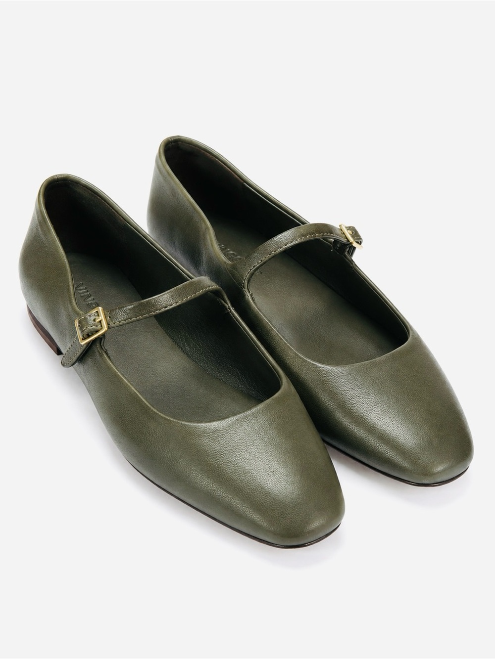 Vince 9.5 Olive Green Mary Jane Flats Leather Designer Gold Buckle Retro Modern